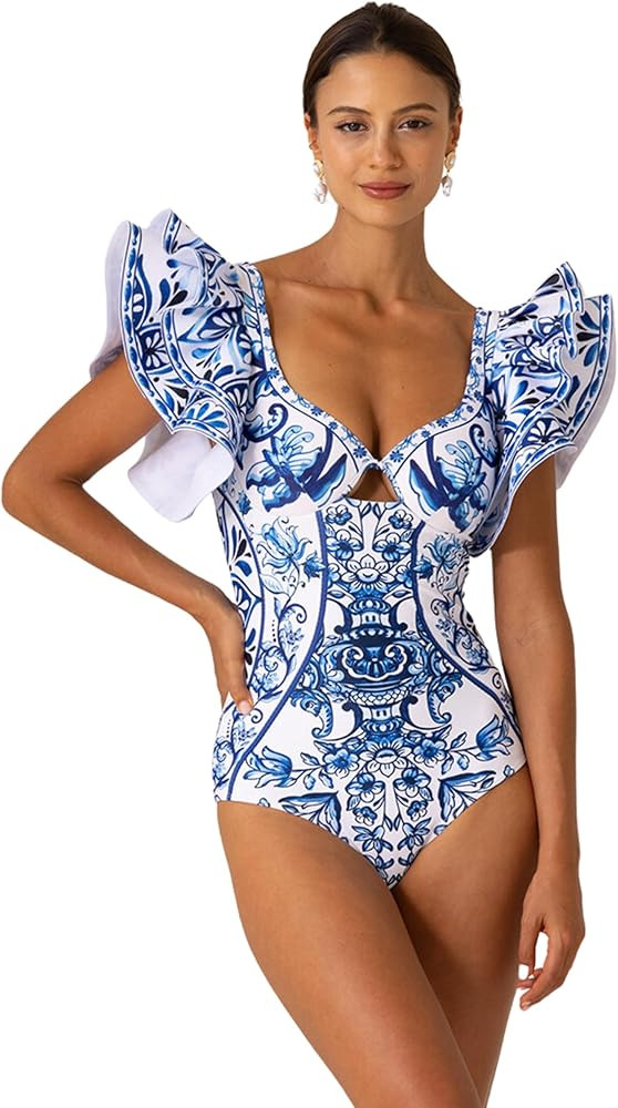 FLAXMAKER Ruffle Blue and White Porcelain Pattern Majolica Print One Piece Swimsuit and Skirt/Sar... | Amazon (US)