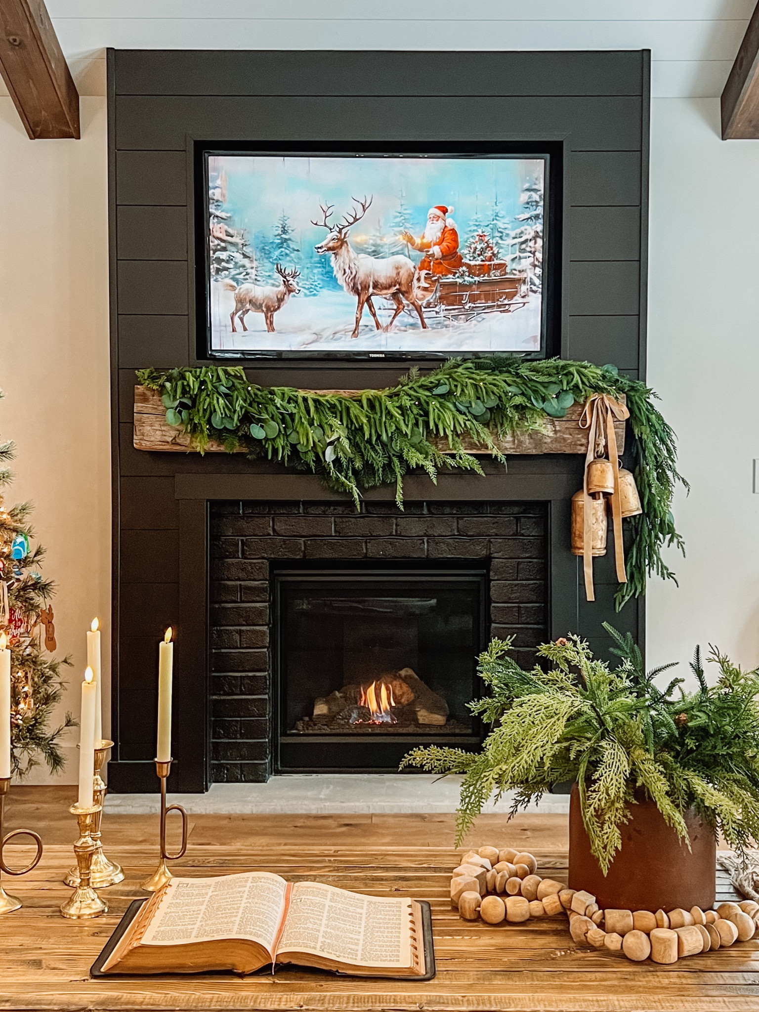 Christmas Mantle Garland, real pine garland, Norfolk pine garland, afloral 

(Look for coupon code)

Here is what I used:
2 Norfolk Pine garlands 
1 Cedar garland
Handful  of eucalyptus picks, 
Set of gold bells 
Velvet ribbon 
** on the very bottom I put an old pine garland for volume

#LTKSeasonal