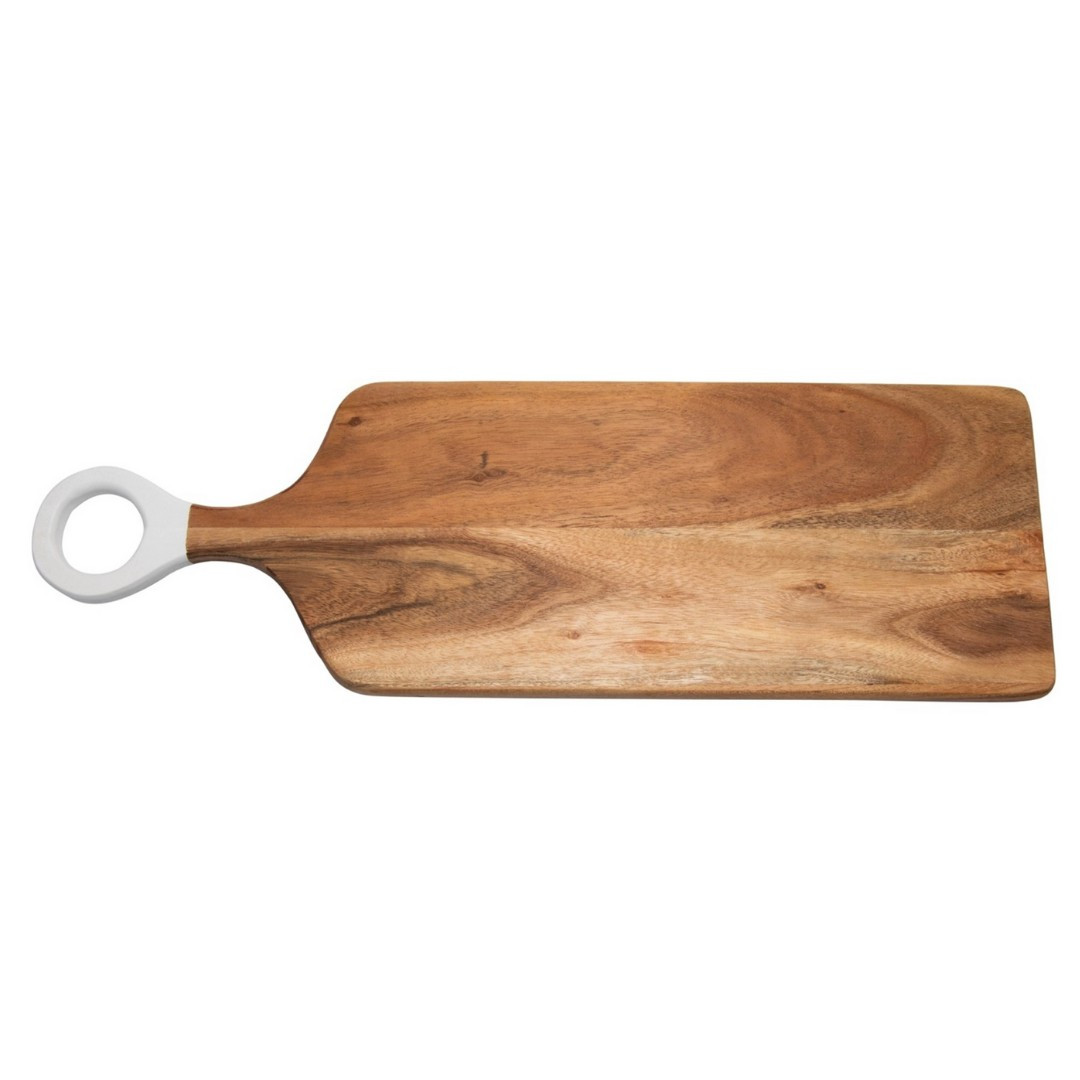 Acacia Wood Rectangular Cutting Board with White Handle | Megan Molten