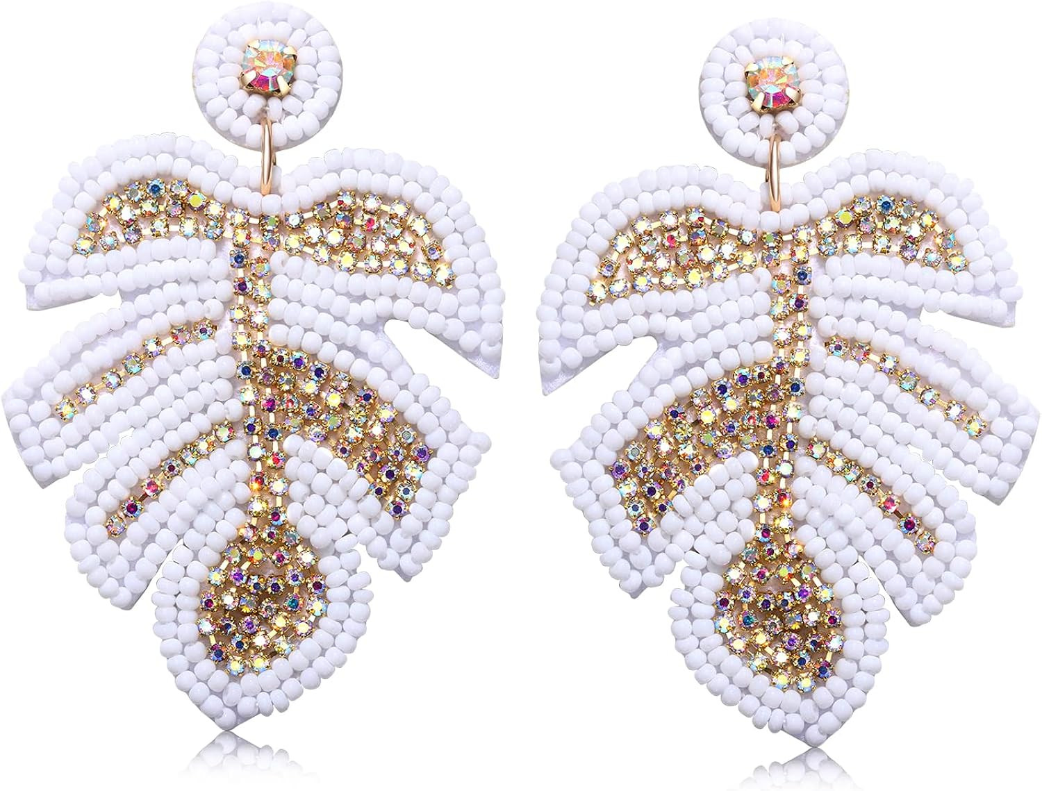 Beaded Drop Earrings for Women Statement Rhinestone Palm Leaf Beaded Dangle Earrings Handmade Cry... | Amazon (US)