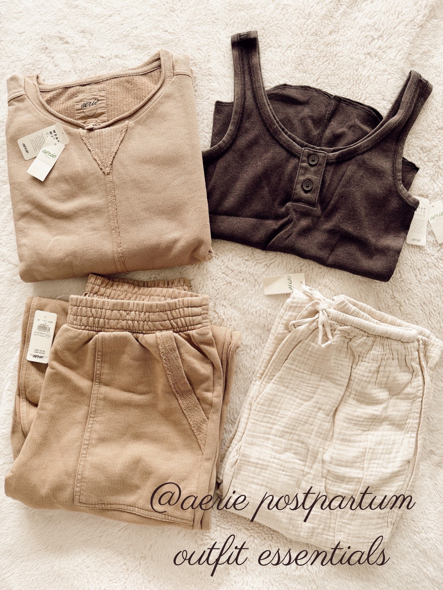 @Aerie spring mini haul for postpartum lounge wear ✨🧸🍼🫧🕊️ loving the neutrals — got my tts in most of the times besides these cotton pants I wanted them a bit more oversized! 

top - small
cotton / linen pants - small short
sweatshirt - small
sweatpants - xs short 

#LTKmomlife #LTKxAerie #LTKootd