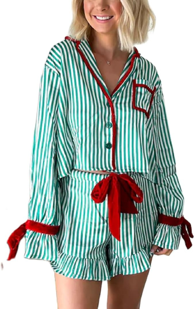 Women Christmas 2 Piece Pajamas Set Y2k Bow Tie Long Sleeve Shirt Wide Leg Pants Cute Print Match... | Amazon (US)