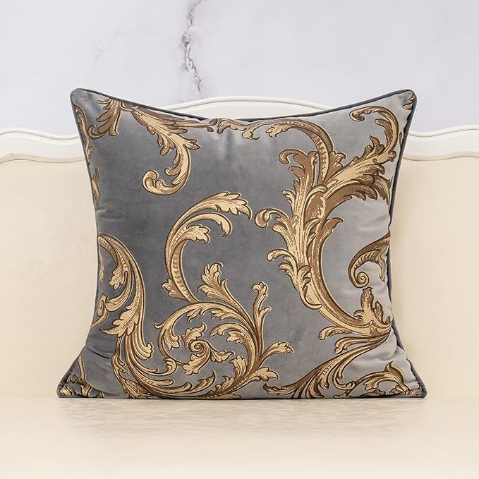 Alerfa 18 x 18 Inch Gray Luxury Velvet European Garden Style Floral Pattern Cushion Case Square T... | Amazon (US)