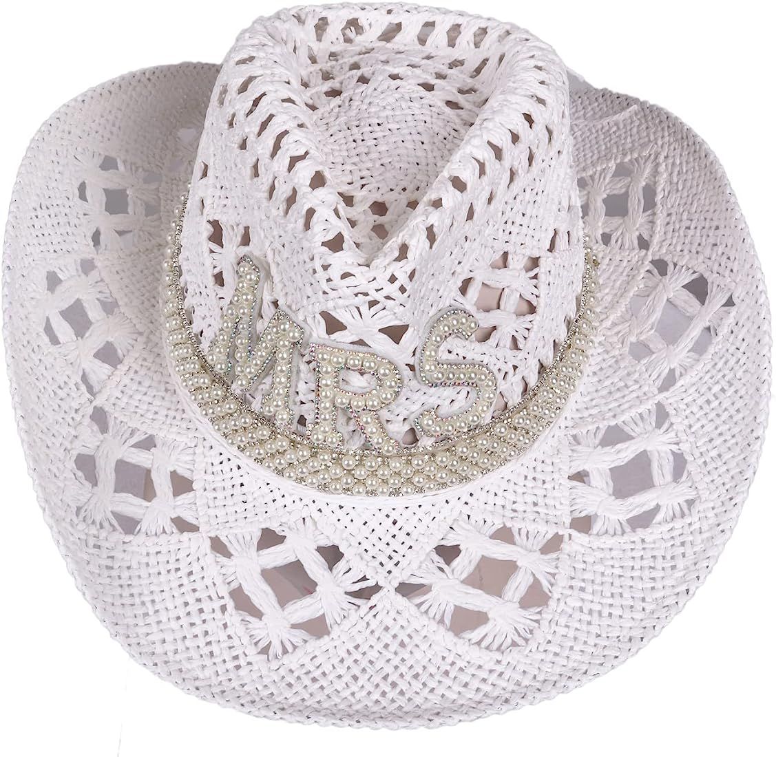 DAZCOS White Straw Cowboy Hat for Bride Hollowed-Out Breathable Cowgirl Hat | Amazon (US)