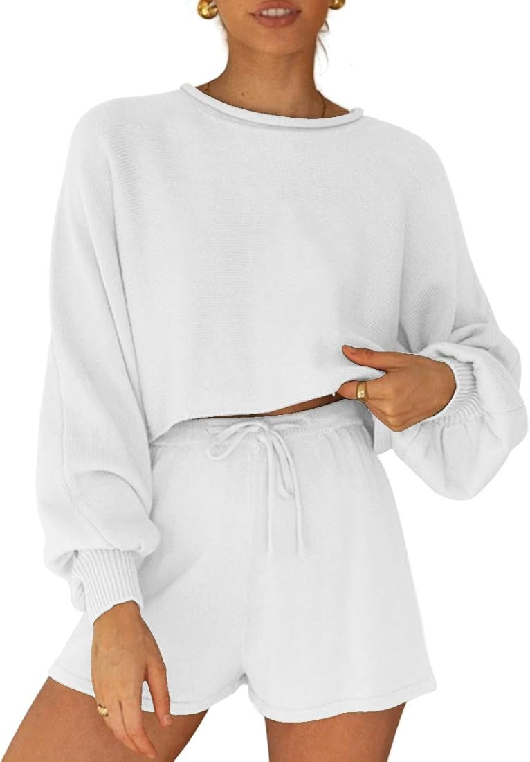 JNINTH Women's 2 Piece Knit Outfits Solid Pullover Sweater Puff Sleeve Crop Top and Shorts Sweats... | Amazon (US)