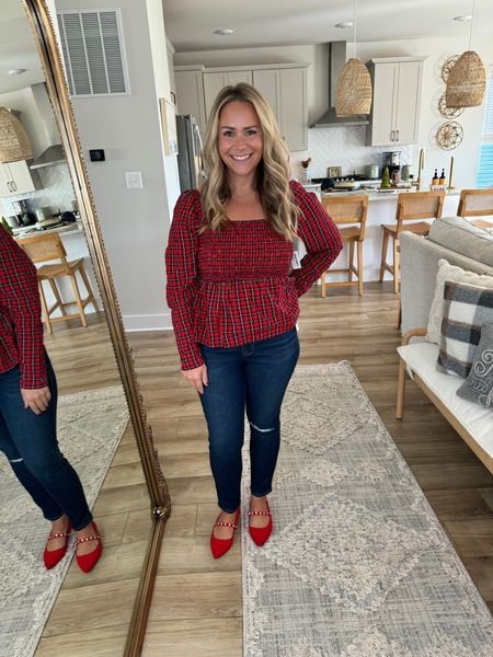 Holiday outfit from Old Navy: red plaid top with skinny denim jeans! I paired them with red mary jane flats for an elegant flair. 

#LTKstyletip #LTKHoliday #LTKmidsize
