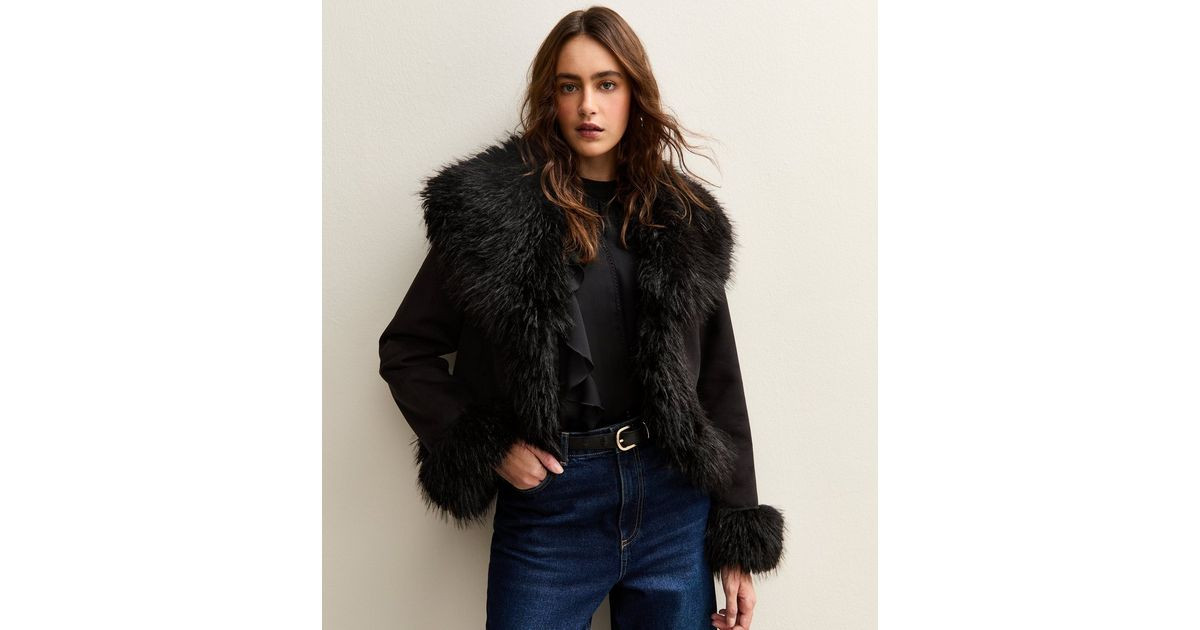 Black Faux Suede Fur Trimmed Jacket | New Look | New Look (UK)
