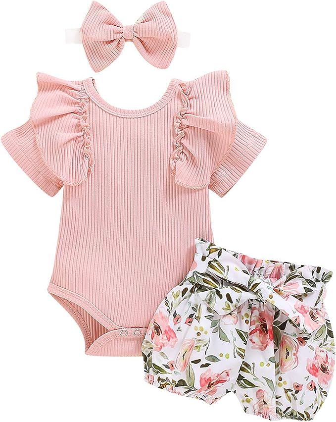 Newborn Baby Girl Clothes Infant Outfits Romper Ruffle Onsies Floral Pants Headband Cute Toddler ... | Amazon (US)