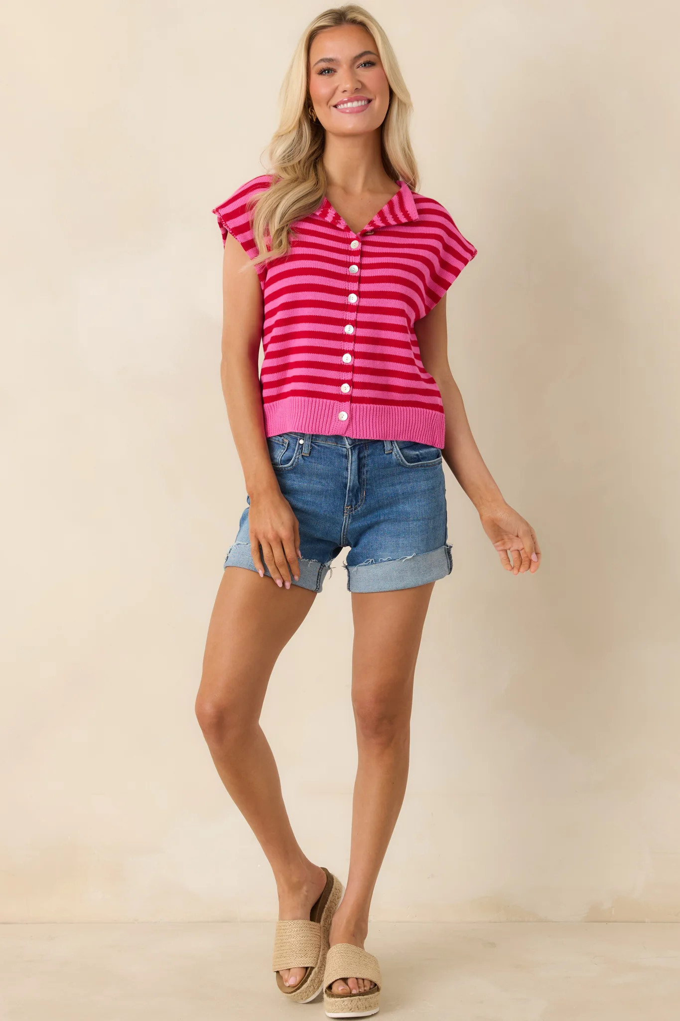 It All Lines Up Red & Pink Stripe Knit Cotton Button Front Top | Red Dress