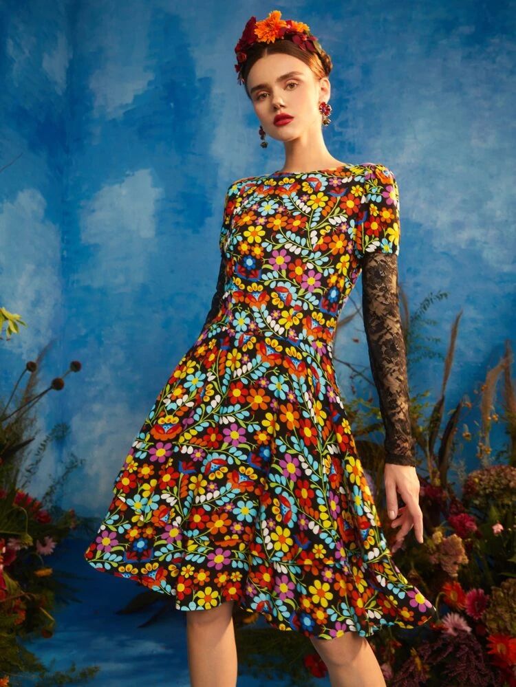 Frida Kahlo X SHEIN X Designer Floral Print Contrast Lace Dress | SHEIN