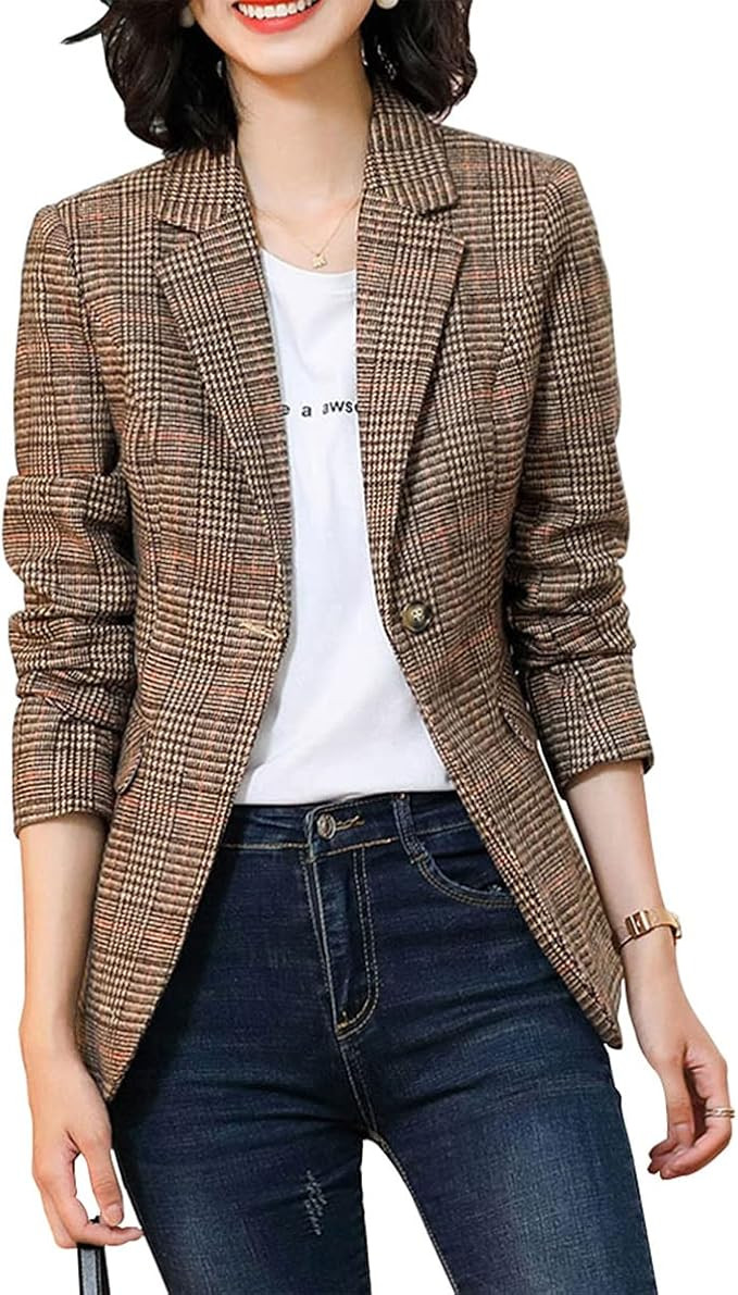 Womens Plaid Blazer Classic Notch Lapel Button Long Sleeve Slim Checker Jacket Outwear | Amazon (US)
