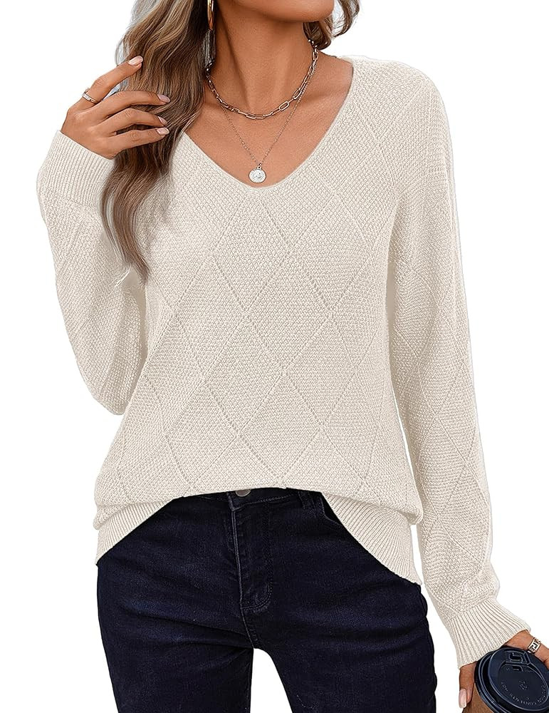Zeagoo Womens Sweaters Fall 2025 Long Sleeve Knit Pullover V Neck Lightweight Crochet Sweater Top... | Amazon (US)