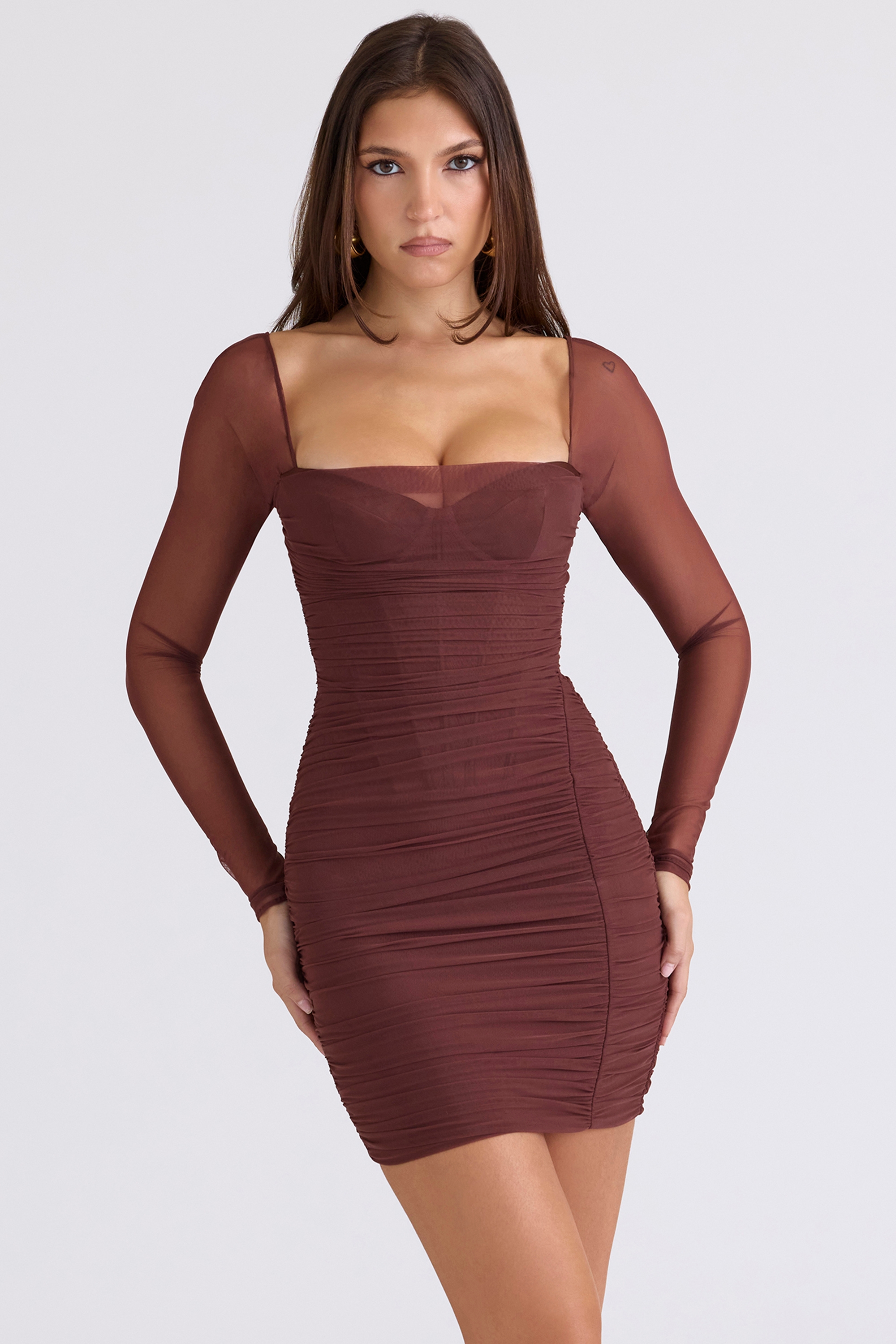mocha mesh long sleeve mini dress | House of CB