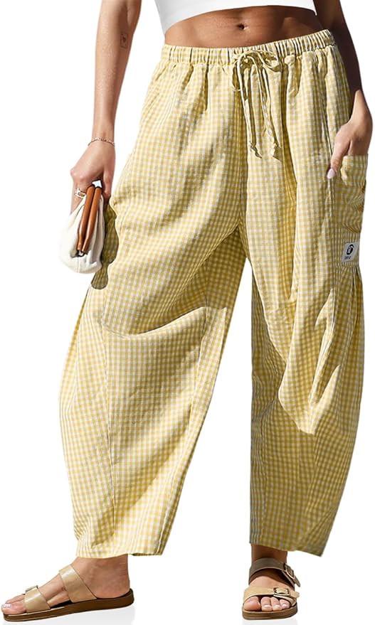 TARSE Womens Linen Wide Leg Striped Pants Casual Barrel Loose Drawstring Low Waist Palazzo Harem ... | Amazon (US)