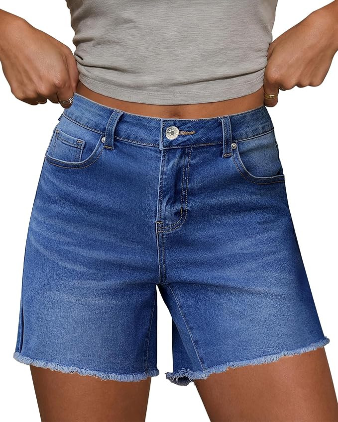 LookbookStore Jean Shorts for Women High Waisted Raw Hem Mid Thigh Cut Off Stretchy Denim Shorts ... | Amazon (US)