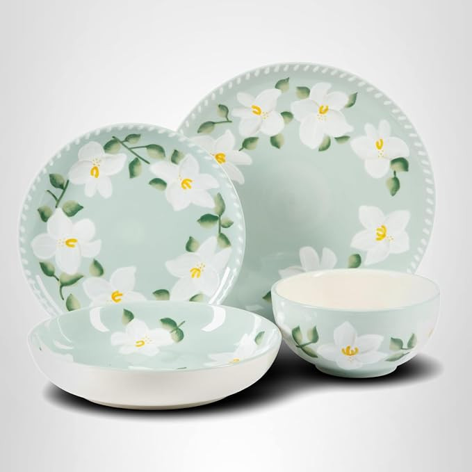 Magnolia Bloom 16 Piece Double Bowl Hand Painted Stoneware Plates and Bowls Floral Dinnerware Set | Amazon (US)