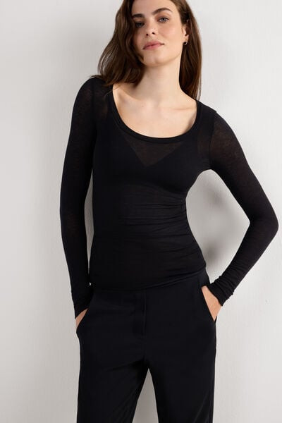 Intimissimi Long Sleeve Scoop Neck Top in Ultralight Modal with Cashmere Woman Black Size S | Intimissimi (US)