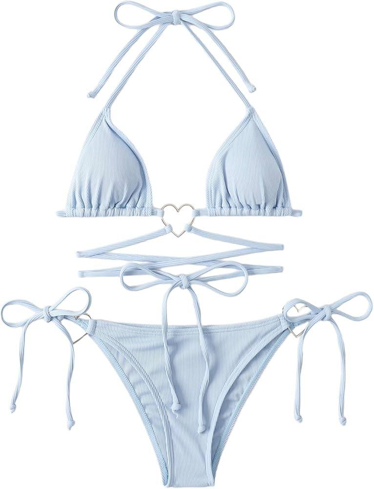Milumia Women Two Piece Heart Ring Linked Bikini Set Lace Up Tie Halter Swimsuit | Amazon (US)