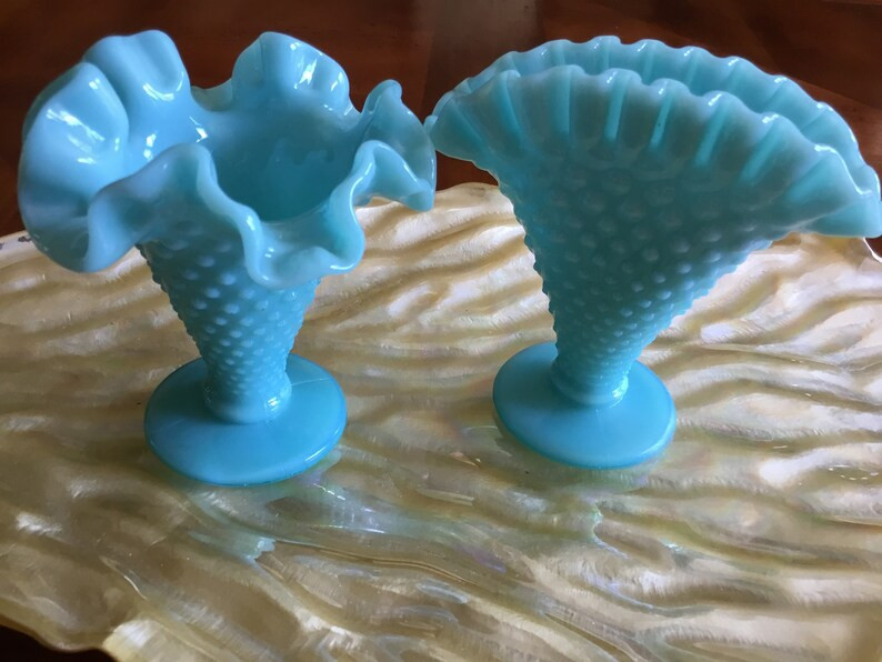 FENTON Aqua Blue Milk Glass Hobnail Fan and Trumpet Vase | Etsy (US)