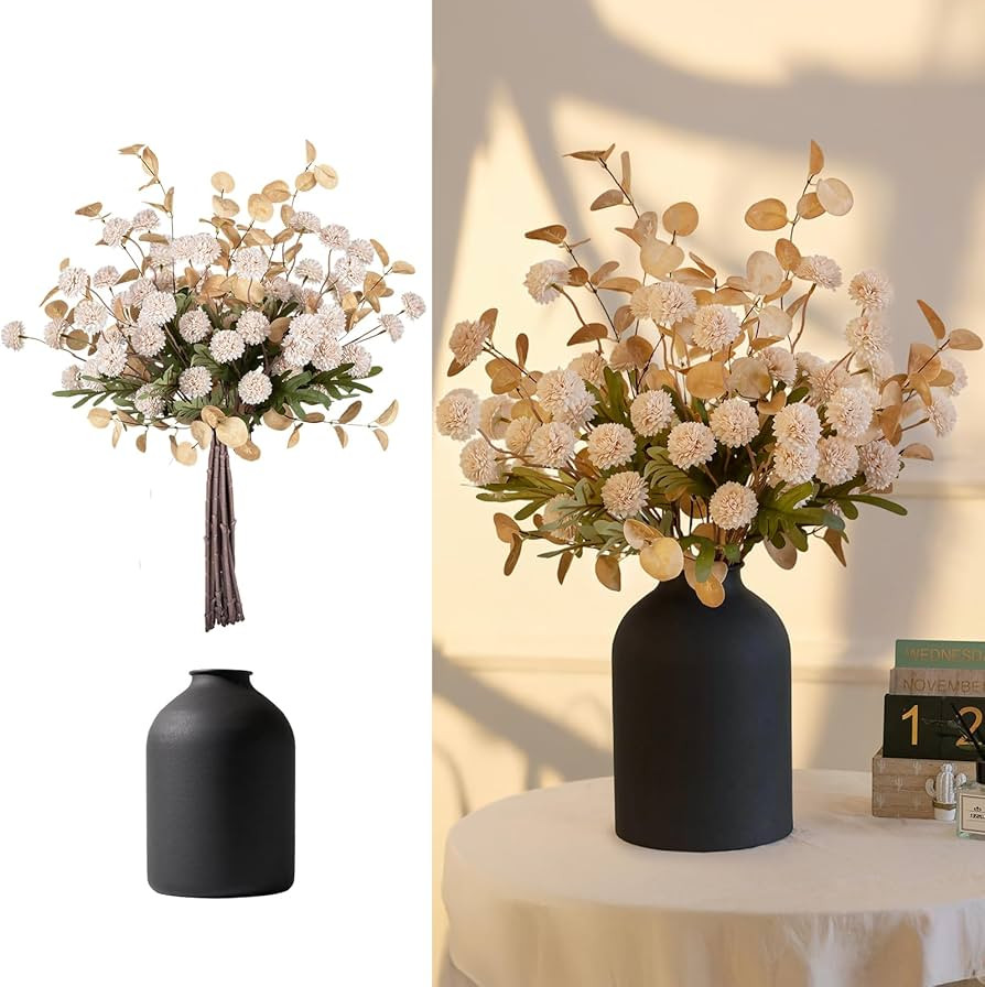 BLOSMON Dining Table Centerpiece Decor: Metal Vase with 12 Stems of Fake Mums Kiku Flower Eucalyp... | Amazon (US)