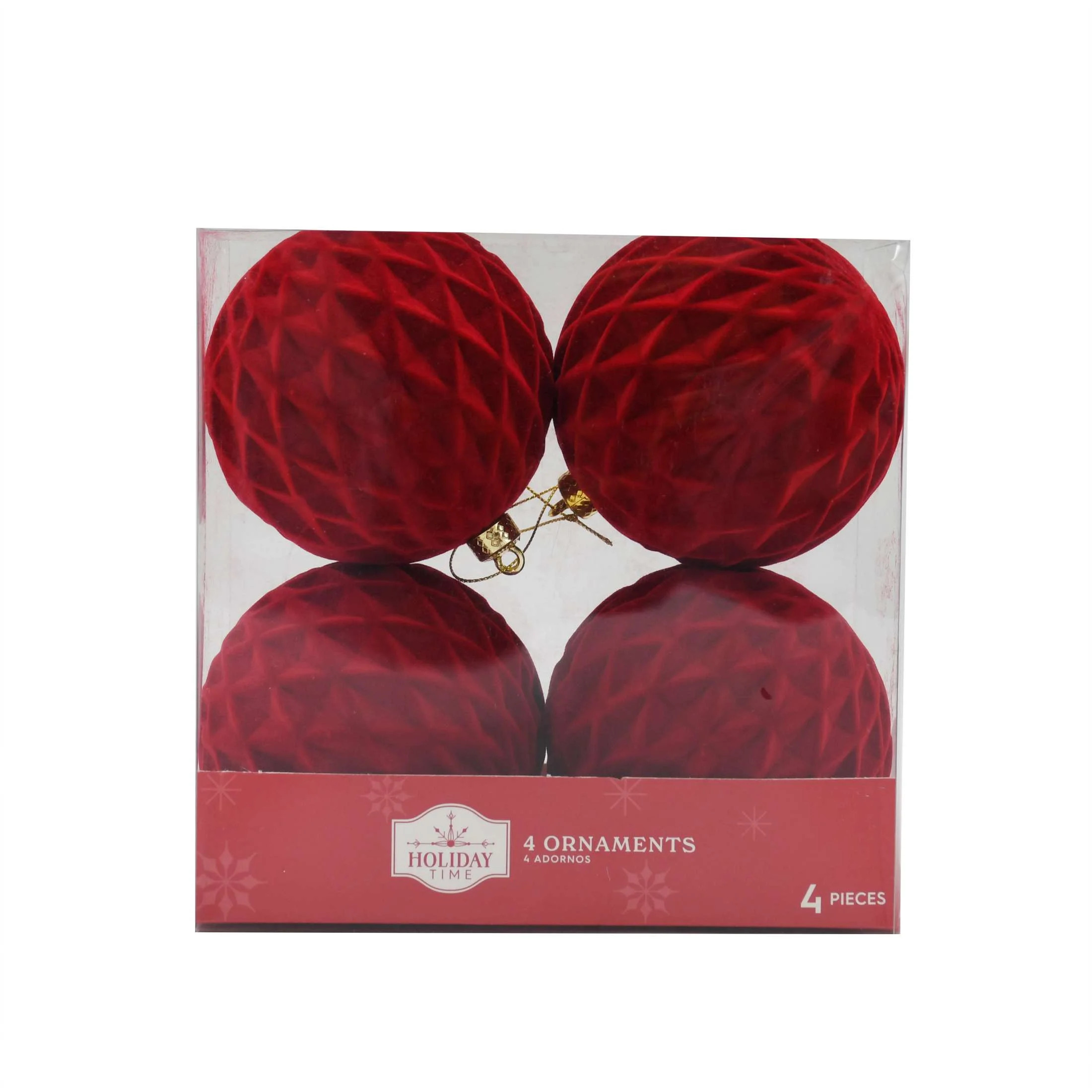 Red Flocked Ornaments, 4 Count, 6.75 in, by Holiday Time - Walmart.com | Walmart (US)