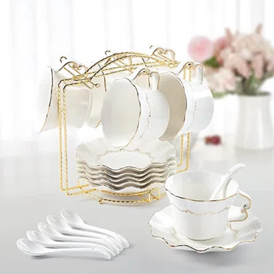 Tea Cups And Saucers Set Of 6 (8.5 Oz), Luxury Tea Cup Set With Golden Trim, Relief Printing Coffee Cups With Metal Stand, British Royal Porcelain Tea | Wayfair North America