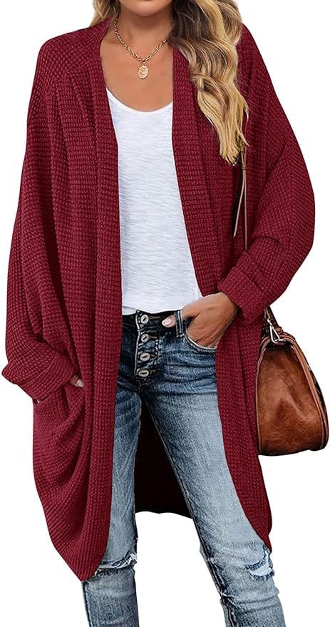 ZESICA Women's Casual Waffle Knit Solid Color Long Batwing Sleeve Oversized Open Front Sweater Ca... | Amazon (US)