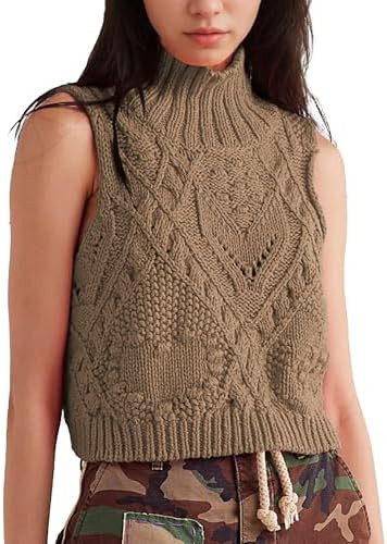 Hixiaohe Turtleneck Crochet Sweater Vest Fall Fashion Knit Sleeveless Tank Tops for Women Lightwe... | Amazon (US)