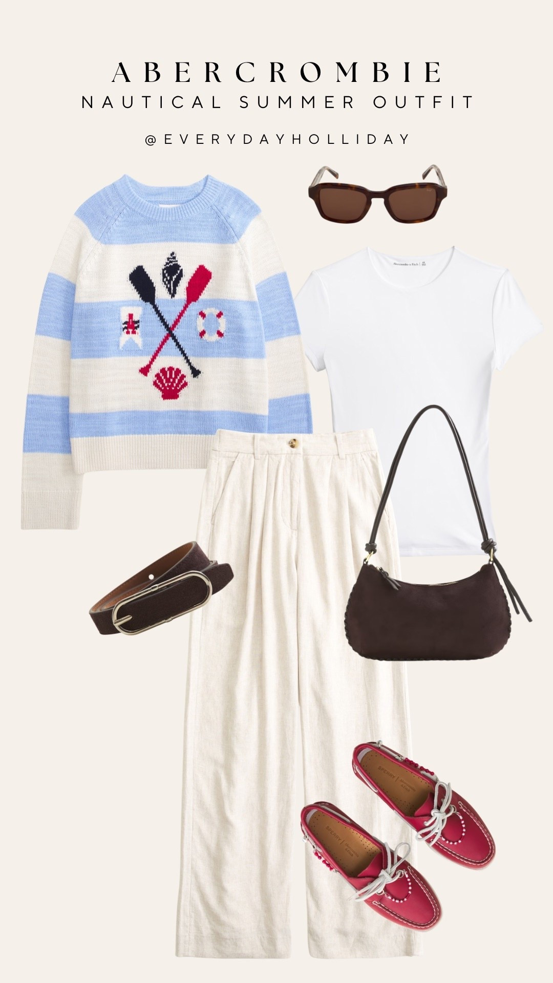 Coastal girl summer starts here 🌊 This Abercrombie nautical outfit has my whole heart — the striped intarsia sweater, cream wide-leg trousers, red boat shoes, and that chocolate shoulder bag are giving effortless preppy perfection. Everything is linked!​​​​​​​​​​​​​​​​

#LTKgrwm #LTKTravel #LTKootd