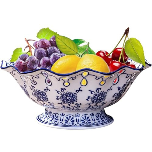 YYMayLsh Fruit Bowl Ceramic Fruit Serving Plate Blue and White Chinoiserie Decor Bowl with Foot for Living Dining Room (9.5in) | Amazon (US)