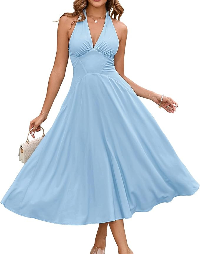 GLNEGE Women's Summer V-Neck Long Dress Casual Halter Wedding Guest Dresses Boho Flowy Smocked Su... | Amazon (US)