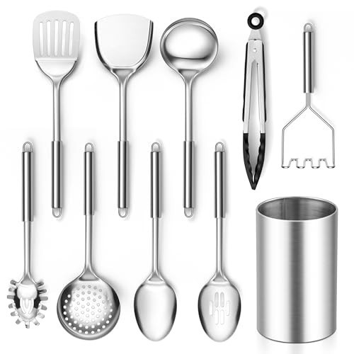 E-far Cooking Utensils Set, 10-Piece Stainless Steel Kitchen Utensils with Holder, Metal Heat Resistant Kitchen Cookware Tool Spatula Set for Cooking, Easy Clean & Dishwasher Safe | Amazon (US)