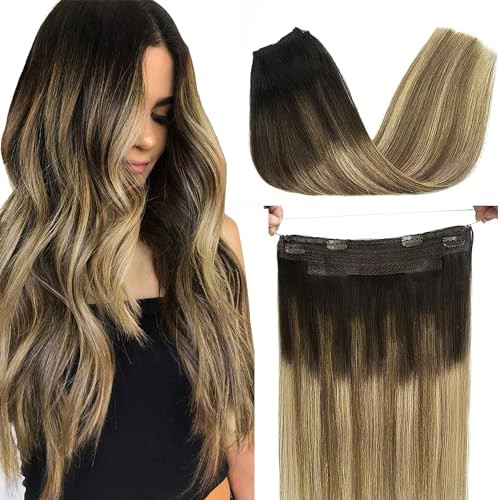 GOO GOO Wire Hair Extensions Human Hair, 2/6/18 Brown with Dirty Blonde Balayage 14inch 75g, Invisible Wire Hair Extensions with Transparent, Seamless Fish Line Hairpiece | Amazon (US)