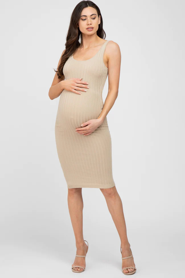 Dark Taupe Sleeveless Fitted Ribbed Maternity Dress | PinkBlush Maternity
