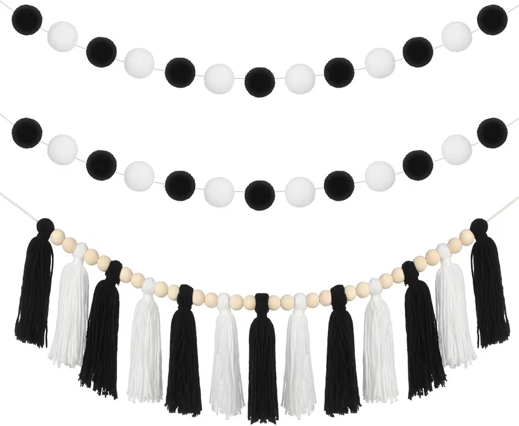 3 Pcs Black and White Tassel Garland Decor Pom Pom Tassel Garland Hanging String Decorations for ... | Amazon (US)