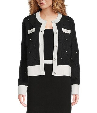 Knit Crew Neck Long Sleeve Contrast Trim Cardigan | Dillard's