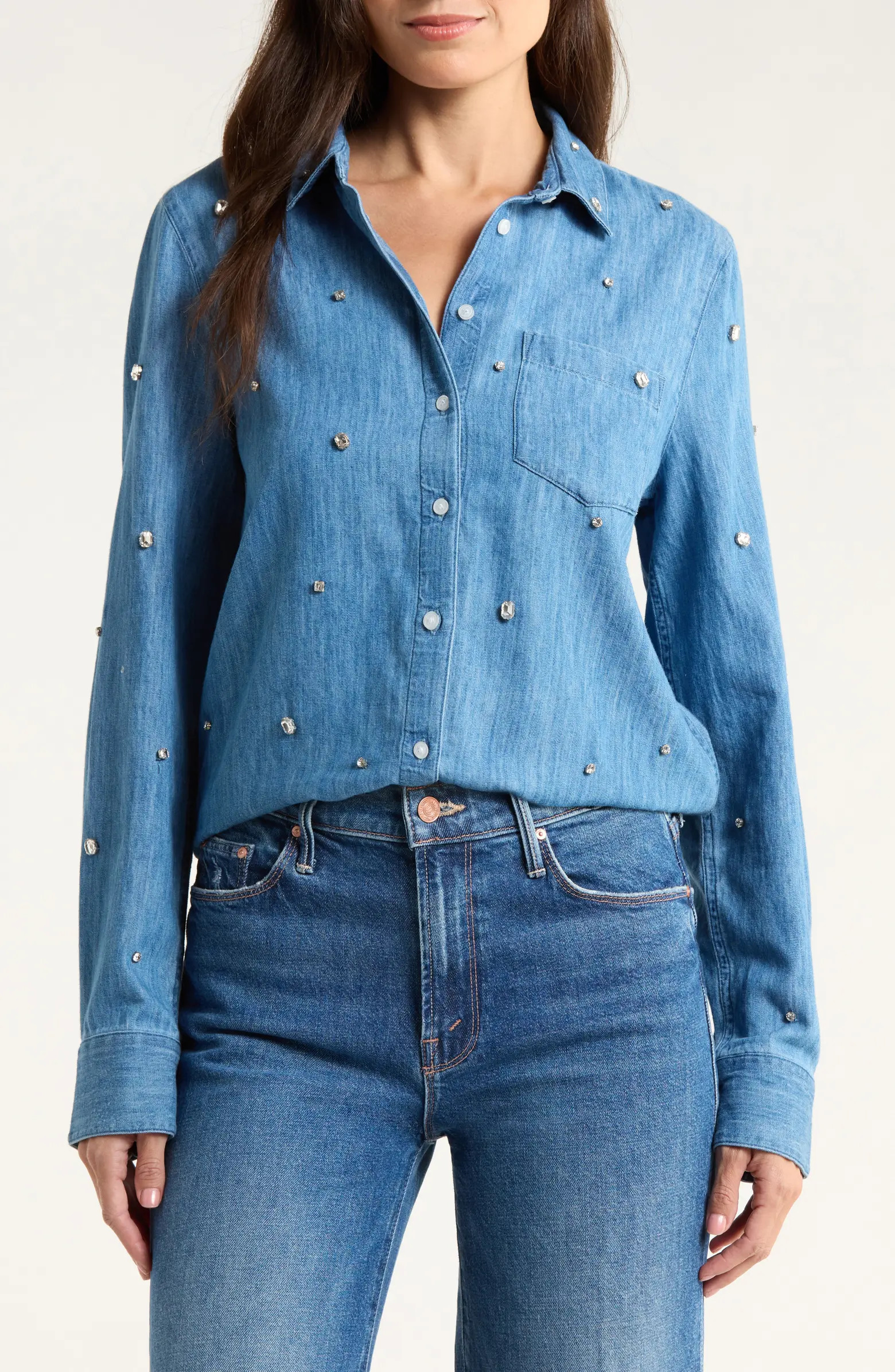 Crystal Embellished Denim Button-Up Shirt | Nordstrom