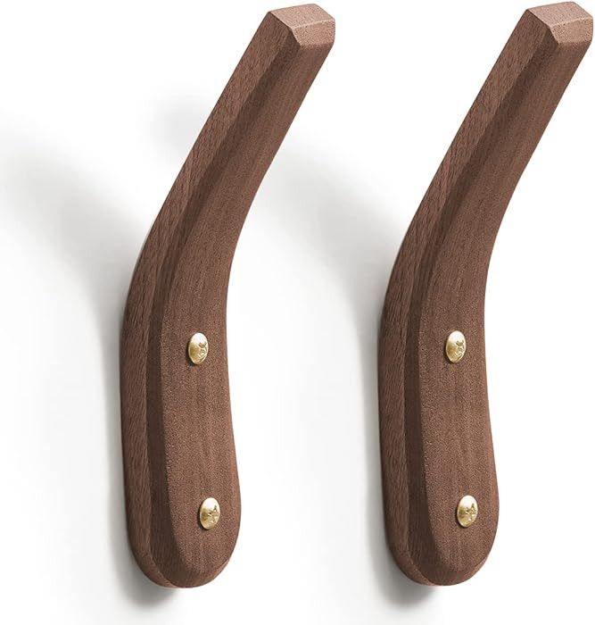 2Pack Wood Hooks Wall Mounted, Minimalist Easy Install Natural Real Walnut Cute Mid Century Moder... | Amazon (US)