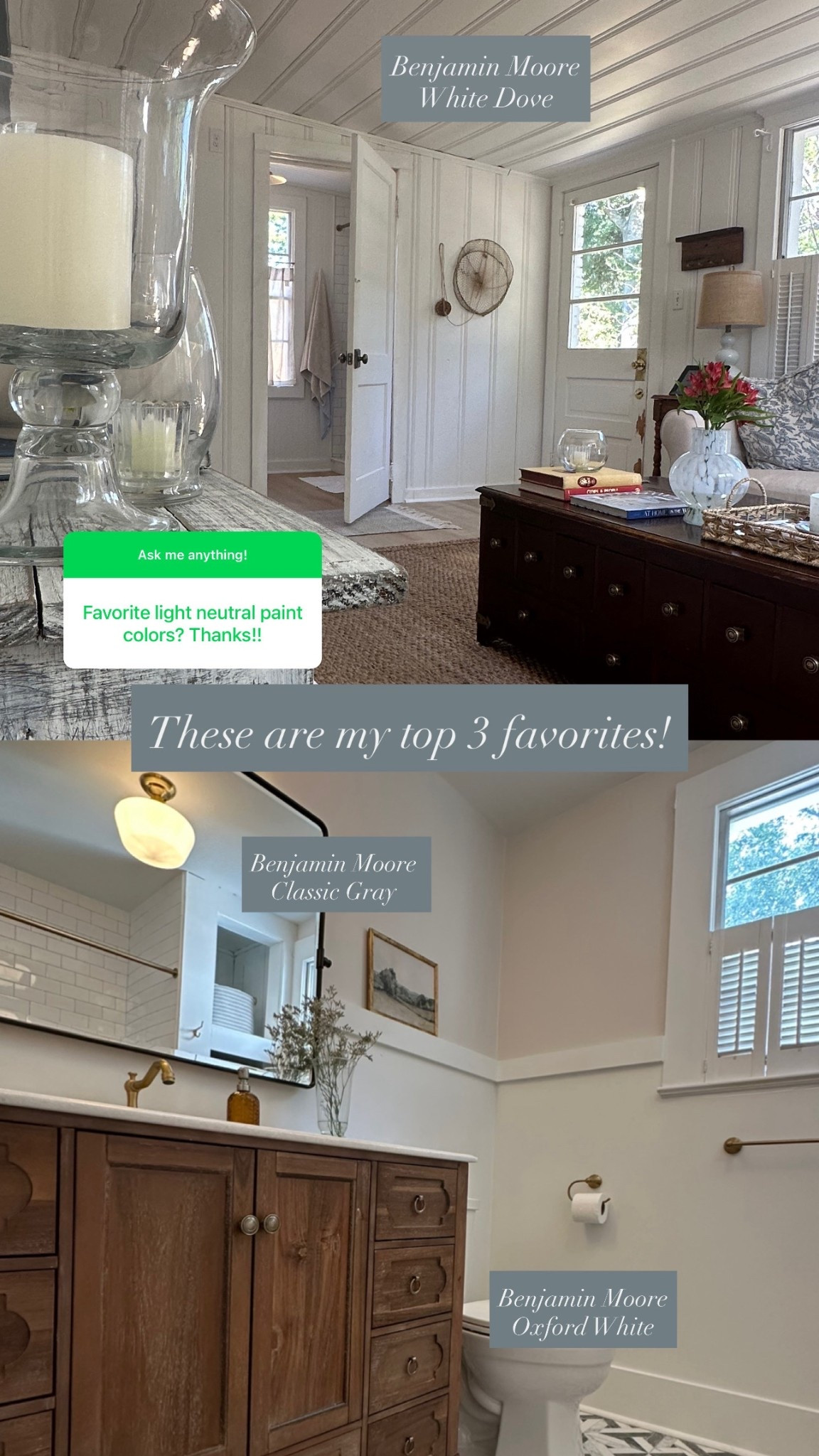 My top 3 favorite white / light neutral paint colors (all Benjamin Moore):
White Dove 
Oxford White 
Classic Gray

#LTKstorytime #LTKHome #LTKdayinmylife