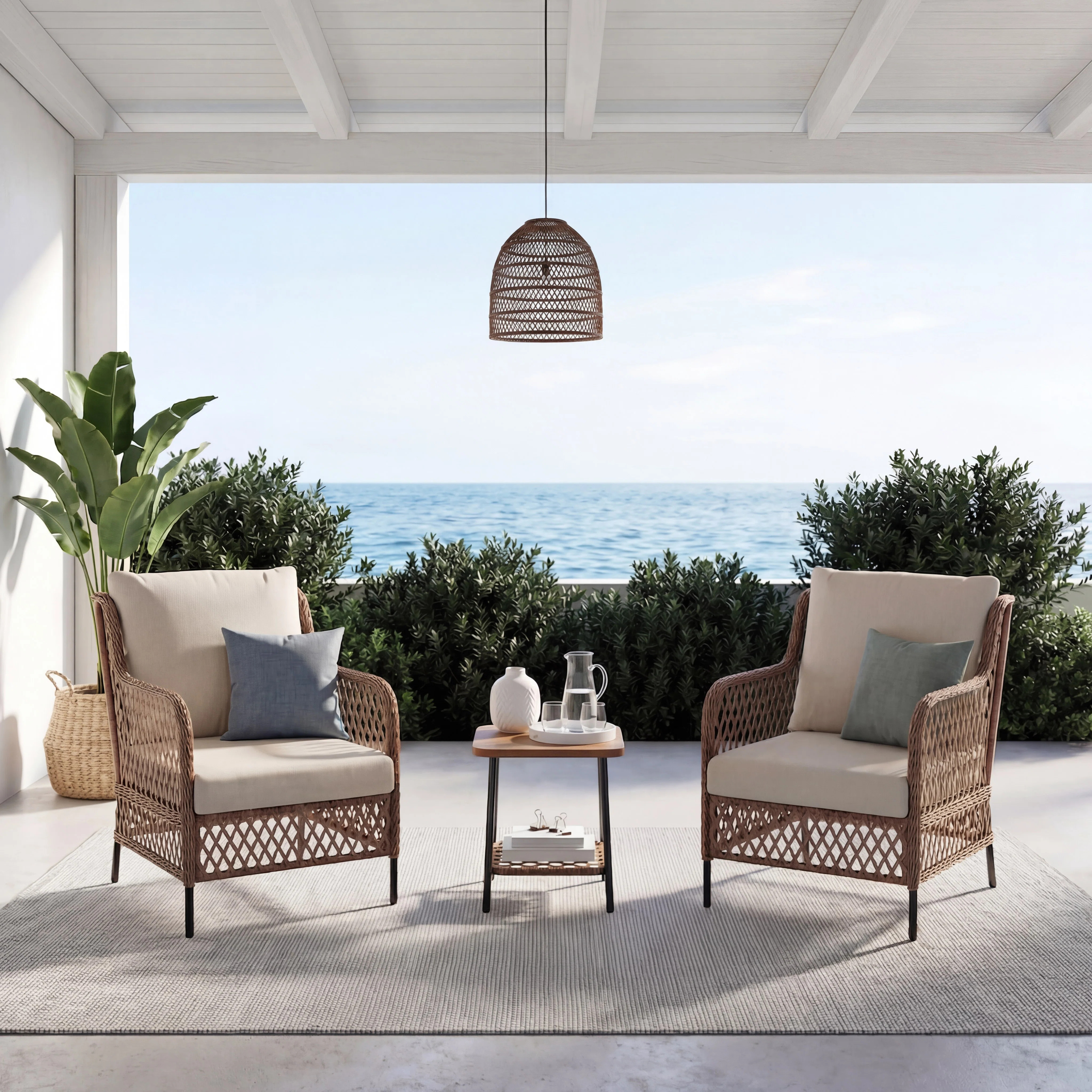 2-Person Outdoor Patio High Back Conversation Set with Wood-Grain Coffee Table & Cushions | Wayfair North America