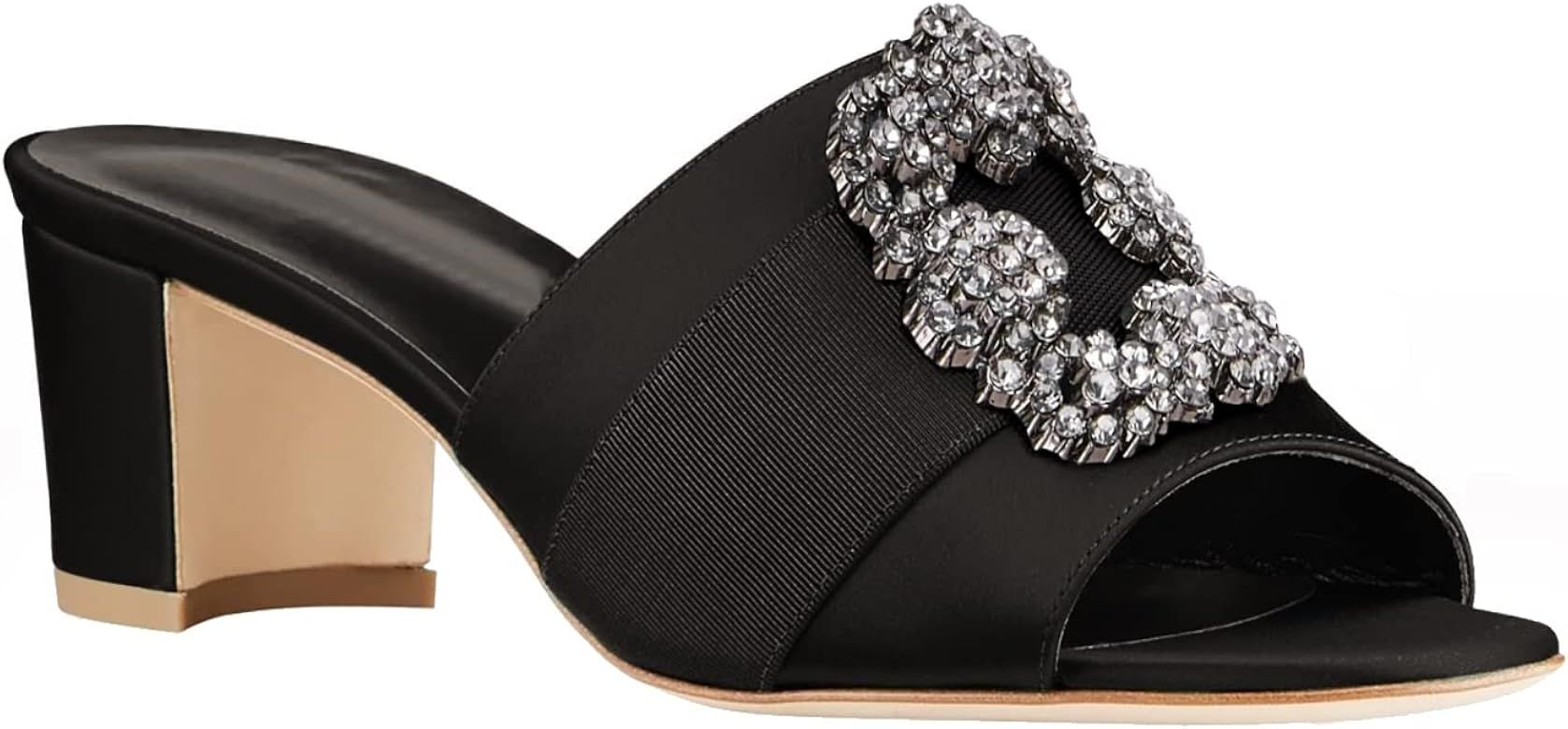 Womens Chunky Block Heel Mules Dressy Sandals Open Toe Rhinestone Jeweled Low Heeled Wedding Slid... | Amazon (US)