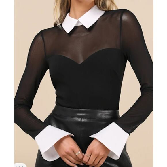 LULU'S SZ S Confident Essence Black and White Mesh Long Sleeve Bodysuit NEW b49 | Poshmark