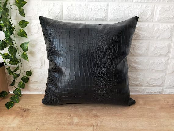 Black Leather Pillows  Faux Vegan Coroco Leather Throw | Etsy | Etsy (US)
