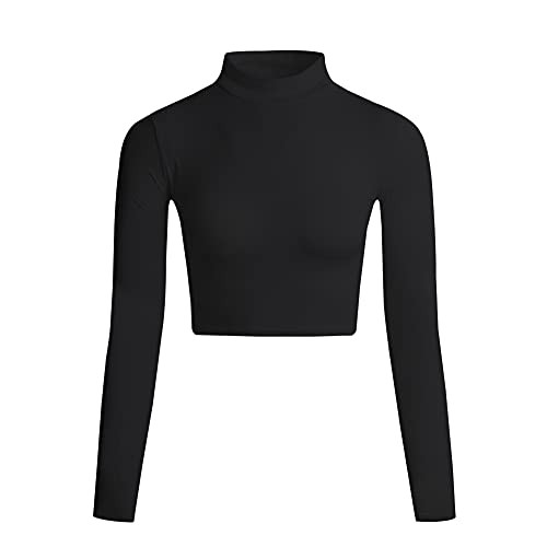 LONGBIDA Women's Long Sleeve Mock Neck Pure Soft Thin Sexy Stretch Crop TOP T Shirt (Black, Small) | Amazon (US)
