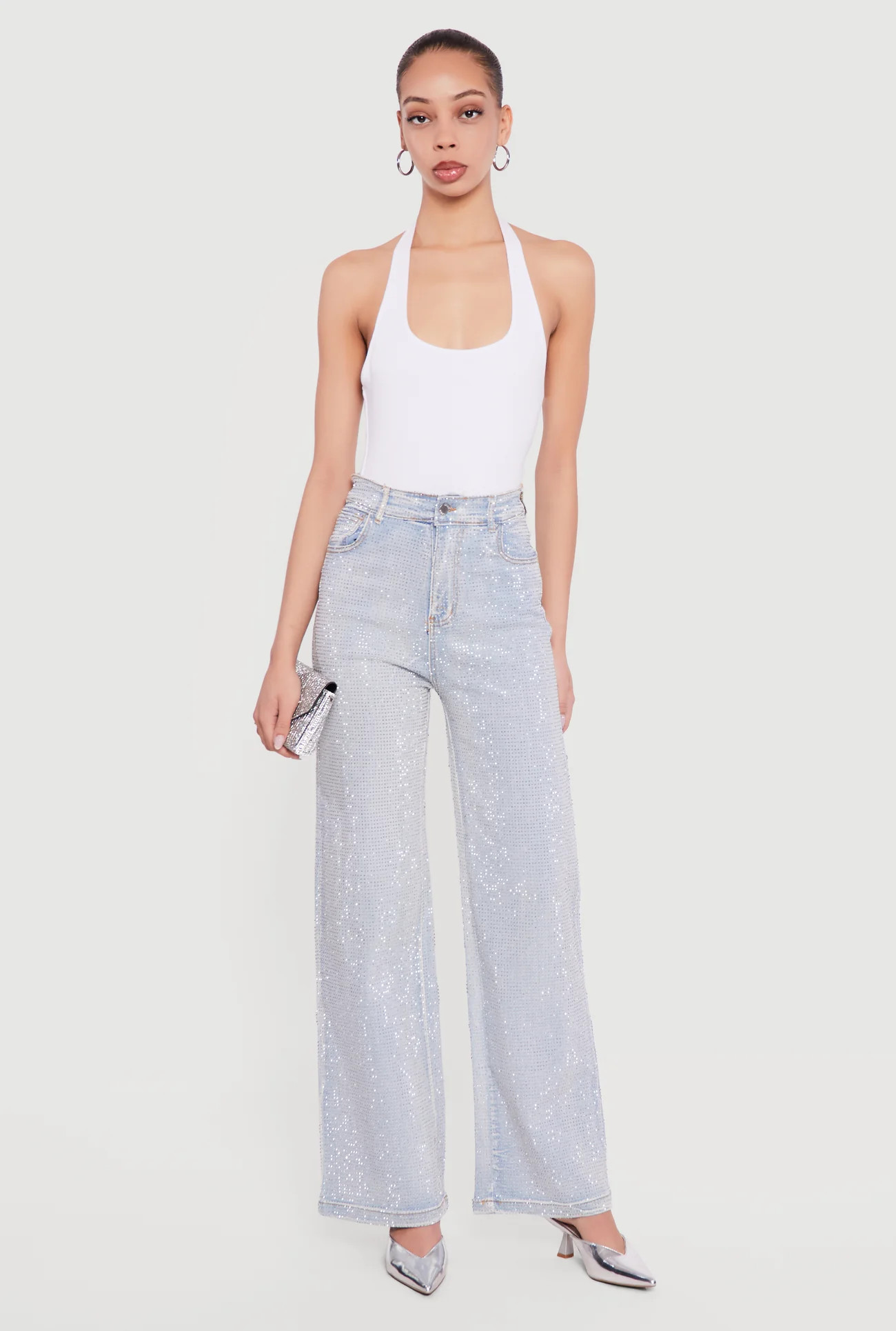 Rhinestone Studded High Waisted Straight Leg Jeans | Rainbow Shops