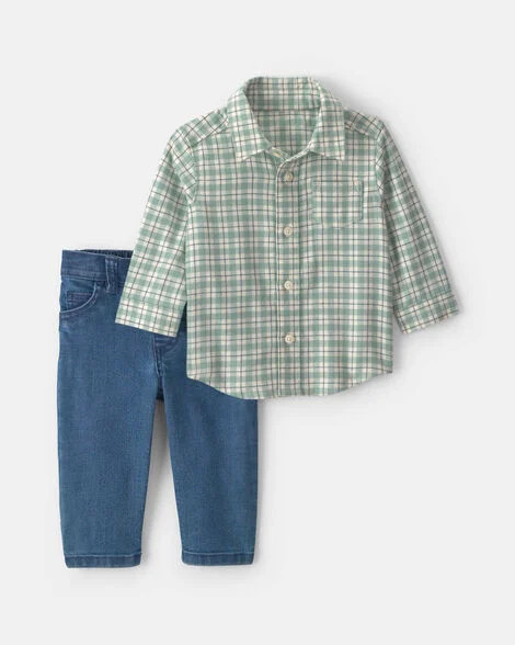 Baby Boy 2-Piece Plaid Flannel Long-Sleeve Top & Pant Set - Green/Indigo | Carter's | Carter's Inc