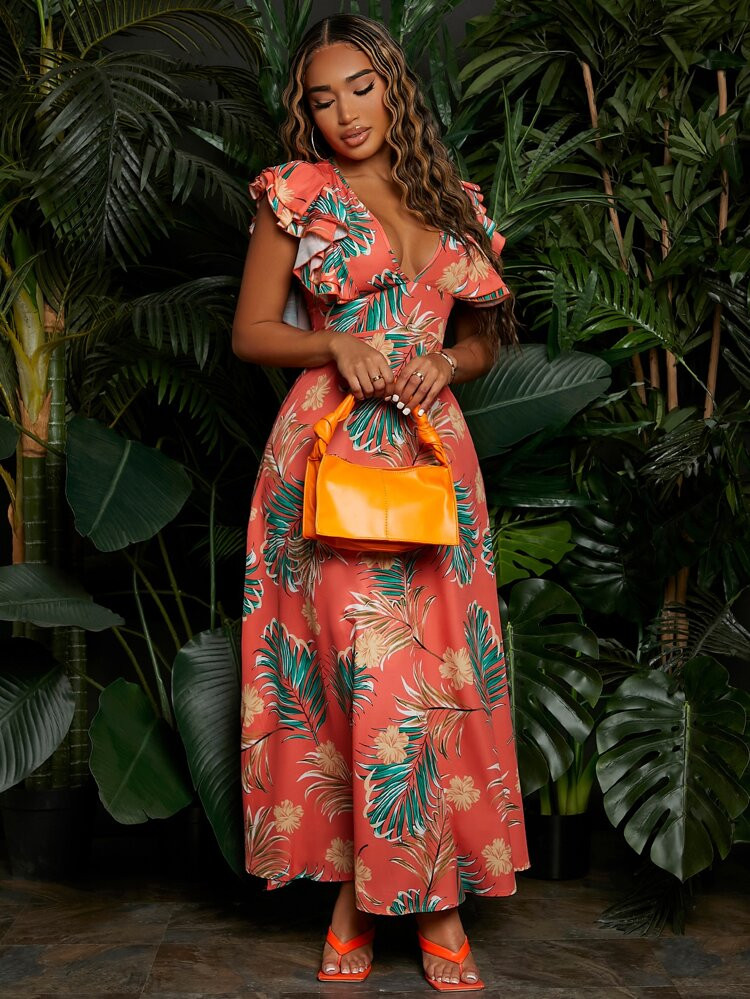 SHEIN SXY Tropical Print Deep V Neck Layered Sleeve Dress | SHEIN