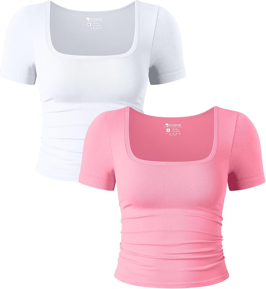 OQQ Womens 2 Piece Shirts Short Sleeve Ruched Square Neck Stretch Fitted Tee Shirts Crop Tops | Amazon (US)