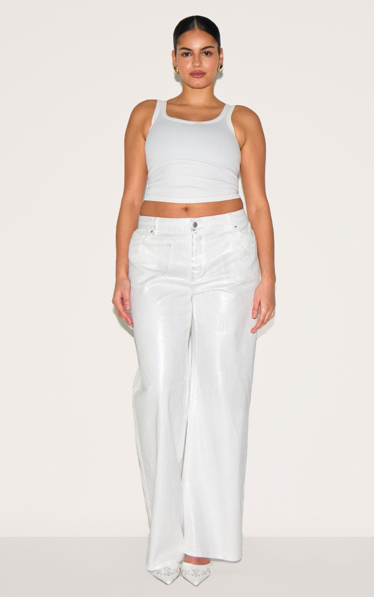 Plus White Silver Foil Effect Wide Leg Jeans | PrettyLittleThing US