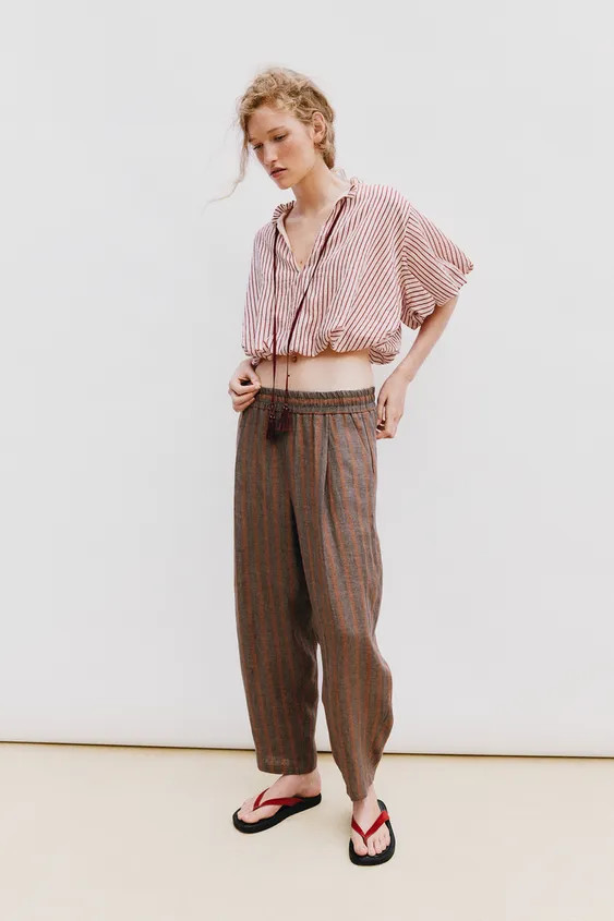 TIED STRIPED PUFF-SLEEVE TOP | Zara US
